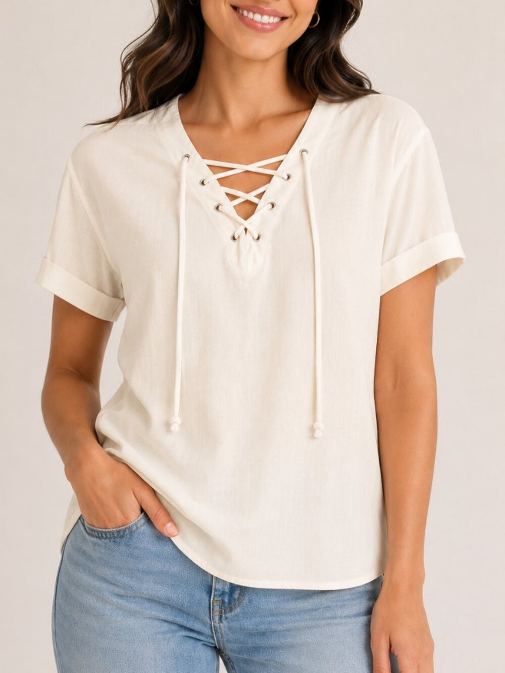 Matty M Lace-Up V-Neck Short Sleeve Top Vellum Ivory Size M NWT  Linen Blend
